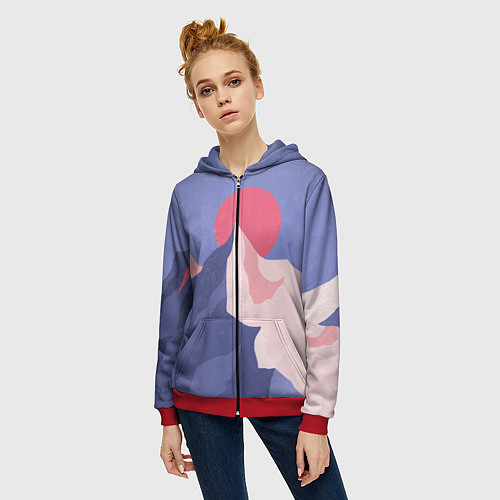 Женская толстовка на молнии Пейзаж гор и леса в стиле ретро / 3D-Красный – фото 3