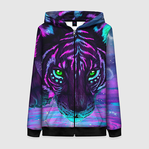 Женская толстовка на молнии Светящийся неоновый тигр / 3D-Черный – фото 1