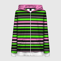 Женская толстовка на молнии Полосаты узор в зелено-розовых оттенках на черном
