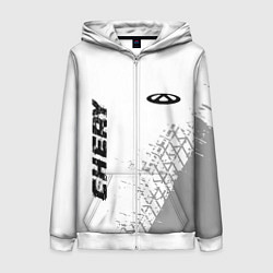 Толстовка на молнии женская Chery speed на светлом фоне со следами шин: надпис, цвет: 3D-белый