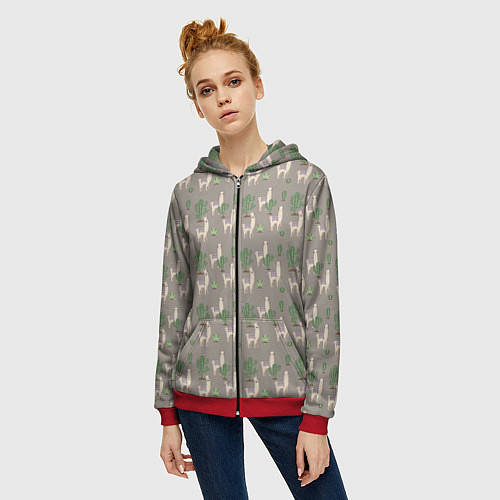 Женская толстовка на молнии Три забавных ламы среди кактусов / 3D-Красный – фото 3