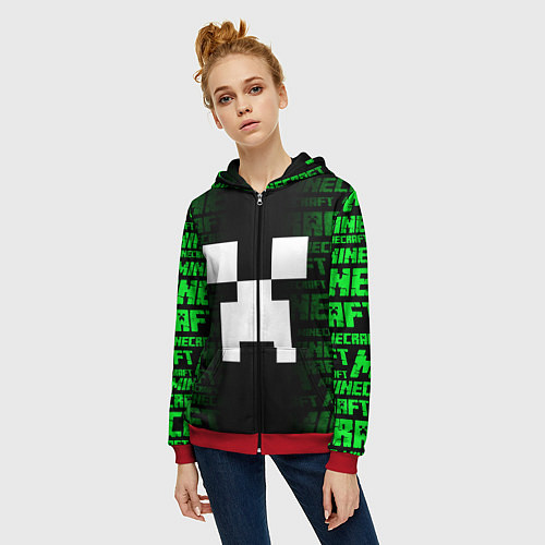Женская толстовка на молнии Лицо Крипера - Майнкрафт / 3D-Красный – фото 3
