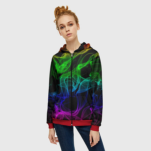 Женская толстовка на молнии Разноцветный неоновый дым / 3D-Красный – фото 3