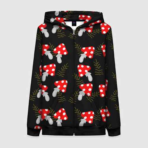 Женская толстовка на молнии Мухоморы на черном фоне / 3D-Черный – фото 1