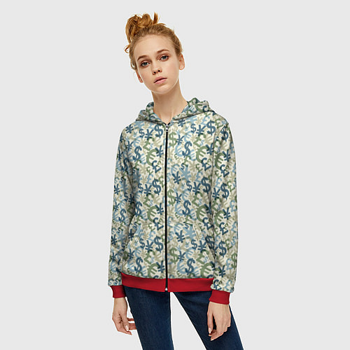 Женская толстовка на молнии Значки валют / 3D-Красный – фото 3