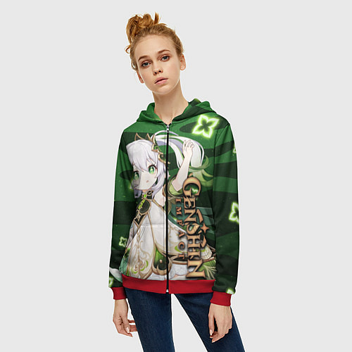 Женская толстовка на молнии Нахида: Дендро Архонт / 3D-Красный – фото 3