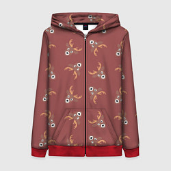 Женская толстовка на молнии Эстетика: праздничные олени на бордовом фоне