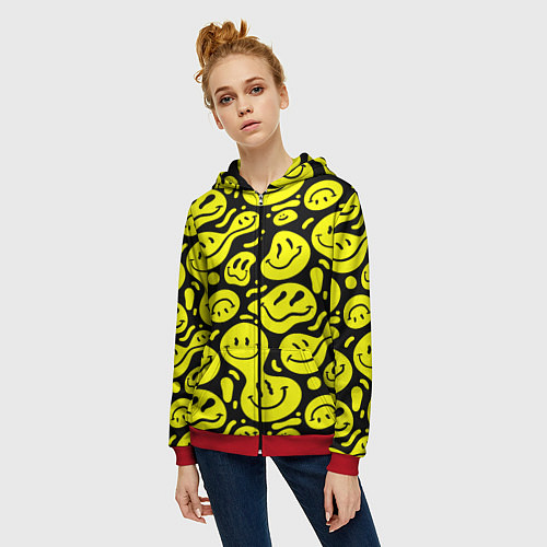 Женская толстовка на молнии Кислотный желтый смайлик / 3D-Красный – фото 3
