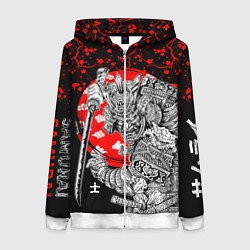 Толстовка на молнии женская Самурай и сакура на черном фоне, цвет: 3D-белый