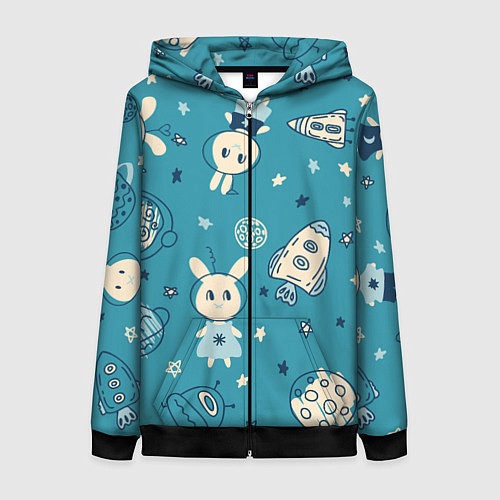 Женская толстовка на молнии Зайцы-космонавты / 3D-Черный – фото 1
