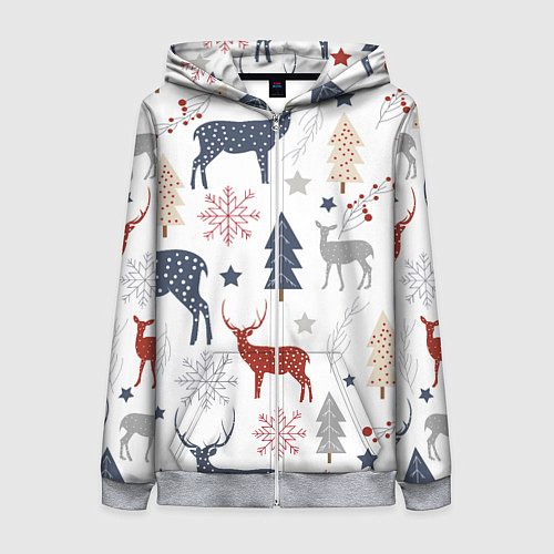 Женская толстовка на молнии Олени в новогоднем лесу / 3D-Меланж – фото 1