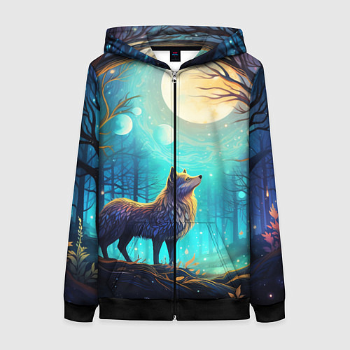 Женская толстовка на молнии Волк в ночном лесу в folk art стиле / 3D-Черный – фото 1