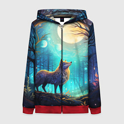 Толстовка на молнии женская Волк в ночном лесу в folk art стиле, цвет: 3D-красный