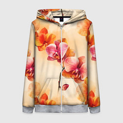 Толстовка на молнии женская Акварельные цветы - персиковый паттерн, цвет: 3D-меланж