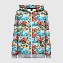 Толстовка на молнии женская Гавайский стиль летние цветы, цвет: 3D-меланж