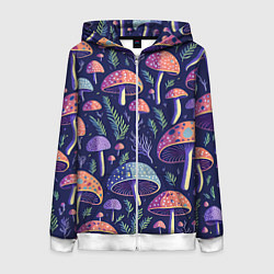 Толстовка на молнии женская Грибы паттерн, цвет: 3D-белый