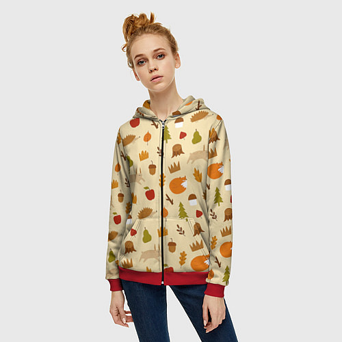 Женская толстовка на молнии Паттерн - осень / 3D-Красный – фото 3