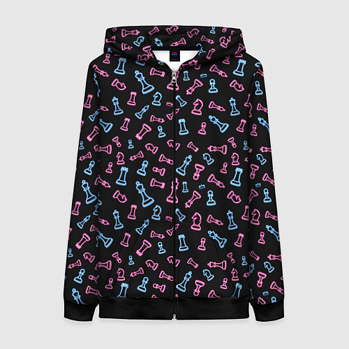 Женская толстовка на молнии Неоновые розовые и голубые шахматные фигуры на чер / 3D-Черный – фото 1