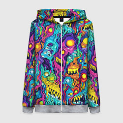 Толстовка на молнии женская Кислотные психоделические черепа, цвет: 3D-меланж