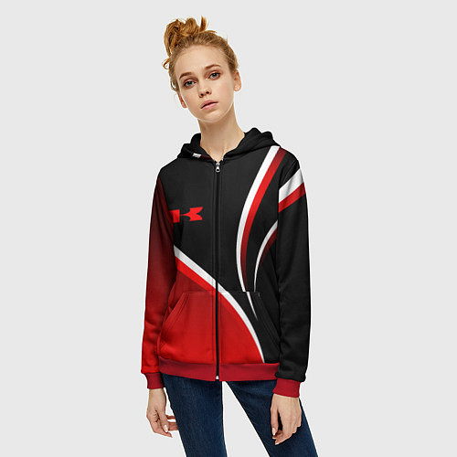 Женская толстовка на молнии Кавасаки - красные волны / 3D-Красный – фото 3