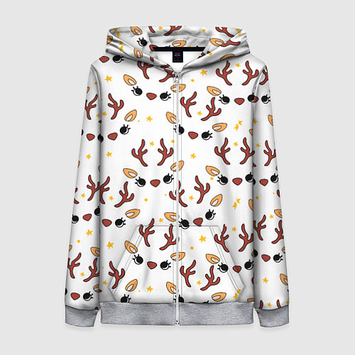Женская толстовка на молнии Оленьи мордочки новогодний узор / 3D-Меланж – фото 1