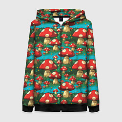Толстовка на молнии женская Мультяшный мухомор паттерн, цвет: 3D-черный