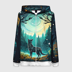 Толстовка на молнии женская Волк в ночном лесу фолк-арт, цвет: 3D-белый