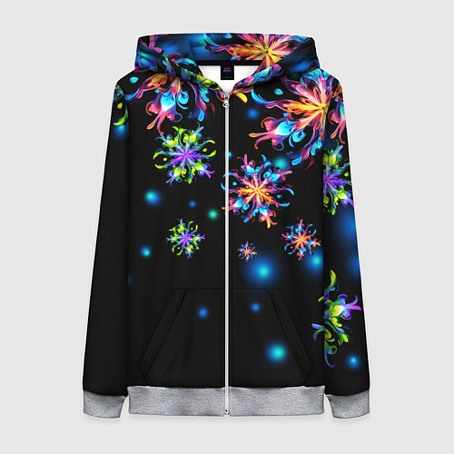 Женская толстовка на молнии Неоновые снежинки - Новый год / 3D-Меланж – фото 1