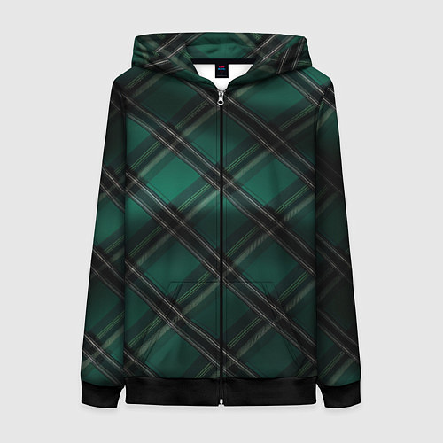 Женская толстовка на молнии Тёмно-зелёная диагональная шотландская клетка / 3D-Черный – фото 1
