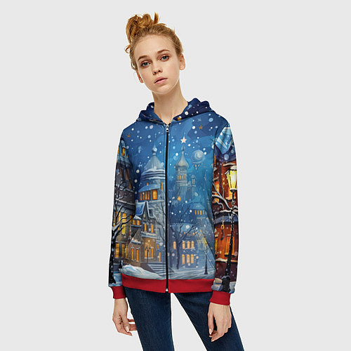 Женская толстовка на молнии Новогоднее настроение город / 3D-Красный – фото 3