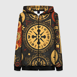 Толстовка на молнии женская Узор в славянском стиле на тёмном фоне, цвет: 3D-черный