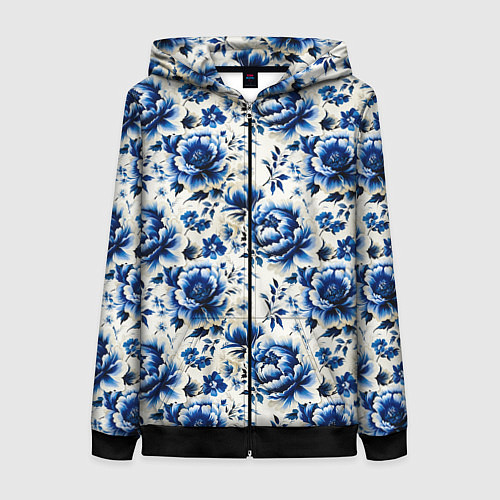 Женская толстовка на молнии Гжель узор паттерн / 3D-Черный – фото 1