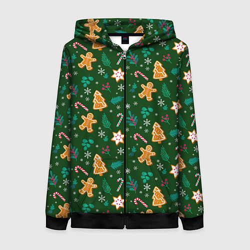 Женская толстовка на молнии New year pattern with green background / 3D-Черный – фото 1