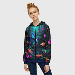 Толстовка на молнии женская Колибри в темном лесу, цвет: 3D-синий — фото 2