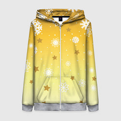 Толстовка на молнии женская Снежинки и звезды на желтом, цвет: 3D-меланж