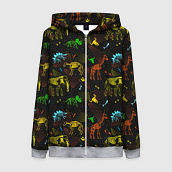 Женская толстовка на молнии Скелеты динозавров неон
