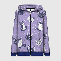 Толстовка на молнии женская Мистические кошечки - паттерн фиолетовый, цвет: 3D-синий