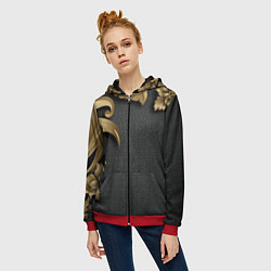Толстовка на молнии женская Золотые объемные листья на сером фоне, цвет: 3D-красный — фото 2