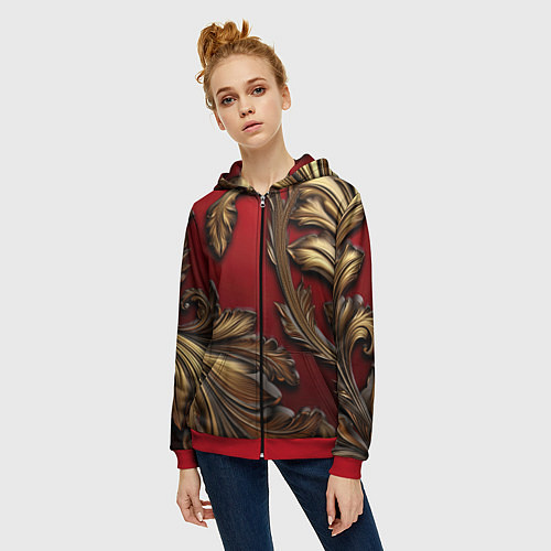 Женская толстовка на молнии Золотые объемные листья на красном фоне / 3D-Красный – фото 3