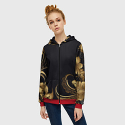 Толстовка на молнии женская Золотистые объемные листья и узоры, цвет: 3D-красный — фото 2