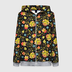 Толстовка на молнии женская Хохломская роспись разноцветные цветы, цвет: 3D-меланж