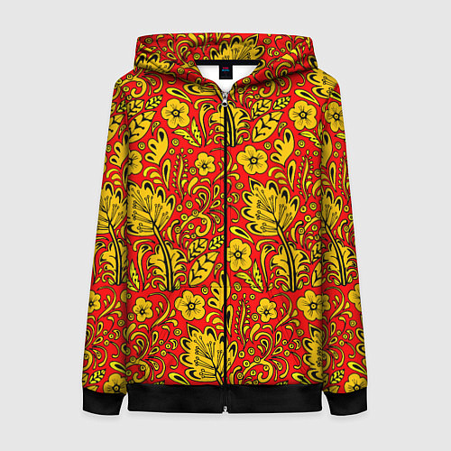 Женская толстовка на молнии Хохломская роспись золотистые цветы на красном фон / 3D-Черный – фото 1