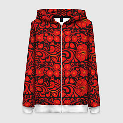Толстовка на молнии женская Хохломская роспись красные цветы и ягоды на чёрном, цвет: 3D-белый