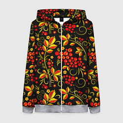 Толстовка на молнии женская Хохломская роспись золотистые листья чёрном фоне, цвет: 3D-меланж