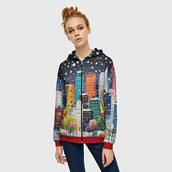 Толстовка на молнии женская Новогодний ночной город, цвет: 3D-красный — фото 2