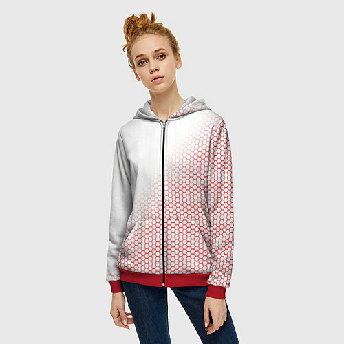 Женская толстовка на молнии Красно-белый соты / 3D-Красный – фото 3