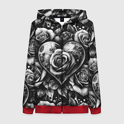 Женская толстовка на молнии Черно белое сердце и розы