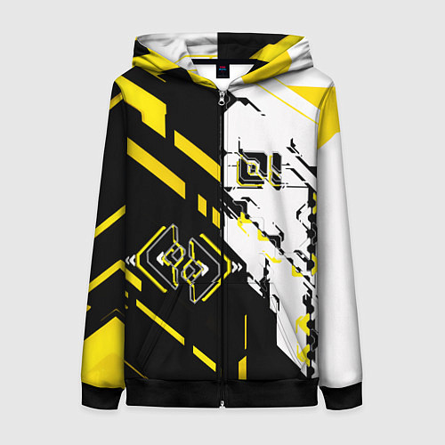 Женская толстовка на молнии Жёлтые и чёрные техно линии / 3D-Черный – фото 1