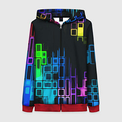 Толстовка на молнии женская Разноцветные прямоугольники на чёрном фоне, цвет: 3D-красный