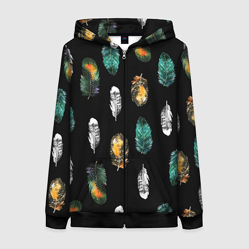 Женская толстовка на молнии Перья на черном фоне / 3D-Черный – фото 1